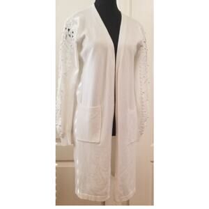 Ember Women's Dressy Long White Cardigan Exquisite Sleeve Detailing Size S-NWOT